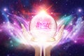 Miracle manifestation, divine intervention, Magic crystal globe, spiritual guidance, angel meditation, rainbow angelic wings Royalty Free Stock Photo