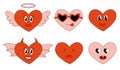 Set Hearts Characters for Valentine Day. Hearts Angel and demon, in sunglasses, smile and dead. Mascot in groovy and Y2k style