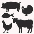 Set of pig, turkey, cow, chicken and fish silhouettes on white background Royalty Free Stock Photo