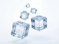 Falling and floating ice cubes with water droplets, isolated on a white background. Royalty Free Stock Photo
