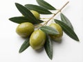 Group of fresh green olives and leaves on a white surface, top view. Royalty Free Stock Photo