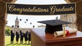 Graduation Banner and Cap with Students Throwing Hats in Background Royalty Free Stock Photo