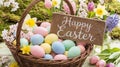 Happy Easter Sign with Basket of Pastel Colored Eggs and Spring Flowers Royalty Free Stock Photo
