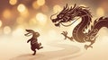 Chinese Zodiac Transition Rabbit Meeting Dragon Silhouette on Golden Bokeh Background Royalty Free Stock Photo