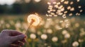 Dandelion Seeds Blowing in the Wind Against a Sunny Field at Sunset Royalty Free Stock Photo