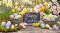 Happy Easter Chalkboard Surrounded by Pastel Eggs, Spring Flowers, and Daffodils Royalty Free Stock Photo