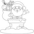 Happy Santa Claus Cartoon Character With Big Gift Bag Standing On Snowy Chimney Royalty Free Stock Photo