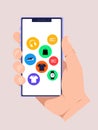 Hand Holding Smartphone with Mobile Fashion Shopping App Icons â Flat Vector Illustration Royalty Free Stock Photo