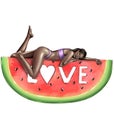 A girl lies on a watermelon. Summer in the hand.