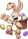 Hopping Easter Bunny With Basket Full Of Easter Eggs. Clip art illustration with simple gradients. All in one single layer.