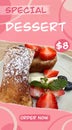 French toast with whipped cream and strawberries in white plate on a wooden table poster Royalty Free Stock Photo