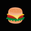 Cartoon burger with cheese, tomato, beef and salad