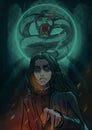 Illustration of a wizard man in a robe holding a wand, fantasy illustration Severus Snape, Deathly Hallows