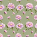 Seamless pattern with watercolor chrysanthemum flowers on green background.