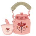 Pink teapot with mug hand draw , teapot illustration,