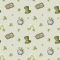 Saint Patrick\'s Day seamless pattern with watercolor clover leafs elements Royalty Free Stock Photo