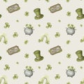 Saint Patrick\'s Day seamless pattern with watercolor clover leafs elements Royalty Free Stock Photo