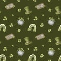 Saint Patrick\'s Day seamless pattern with watercolor clover leafs elements Royalty Free Stock Photo