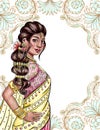 Beautiful Indian woman with ornamental background and copy space, template for banners, invitations, sales, beauty salon