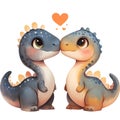 A Pair of Cute Megalosaurus Watercolor Illustration on a White Background, Dinosaur Royalty Free Stock Photo
