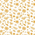 yellow flowers leaf pattern cute line white, for paking Royalty Free Stock Photo