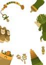 greeting card, frame with baby-themed objects, white background - a pacifier with bead, a baby bottle lid, brown shoes , a dragon Royalty Free Stock Photo