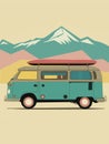 A blue Volkswagen van with a surfboard on top of it Royalty Free Stock Photo