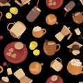 Seamless pattern with coffee, tea, lemon, and sweet treats on black background. Cozy drink concept for cafÃ© or kitchen decor. Royalty Free Stock Photo