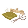 Sewing accessories illustration scissors, measuring tape, pin cushion. Cozy handmade concept craft, tailoring, hobby designs. Royalty Free Stock Photo