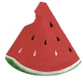 An illustration of a bitten watermelon slice with red flesh, seeds and green rind on a white background Royalty Free Stock Photo