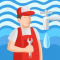 Plumber in uniform with wrench during plumbing service works with water on background - vector image