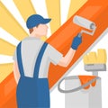 Painter in uniform with paint roller and orange paint bucket with brush during painting works - vector image