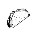 Hand drawn sketch style taco. Traditional mexican fast food illustration. Vector drawing isolated on white. Royalty Free Stock Photo