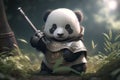 Cute adorable baby panda samurai looking at camera