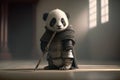 Cute adorable baby panda samurai looking at camera