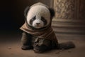 Cute adorable baby panda samurai looking at camera