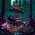 Grand piano in the middle of a magical forest by a blossoming tree - Generative AI Arrt Royalty Free Stock Photo
