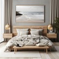 Nautical Bliss: A Stylish Modern Bedroom with Sea View and 3D Rendered Design. AI generated