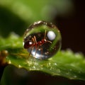 An Ant's Delicate Exploration on a Vibrant Green Leaf with a Mesmerizing Bubble.AI generated