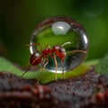Witness the Mesmerizing Bubble and an Ant's Graceful Adventure on a Green Leaf.AI generated