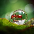 An Ant's Traverse on a Vibrant Leaf, Accompanied by a Mesmerizing Bubble.AI generated