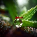 A Mesmerizing Bubble and an Ant's Graceful Exploration on a Vibrant Green Leaf.AI generated