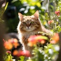 A cat contemplating an insect or a flower garden in front of him.AI generated