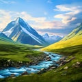 Mountains Meet the Flow Delighting in the Mesmerizing Views of a River Gently Embraced by Majestic Mountain Ranges.AI generated Royalty Free Stock Photo
