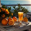 View of Orange Juice Gracing a Table, Set Against the Enchanting Canvas of the Sea and Ocean.AI generated