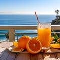 Embracing the Visual Feast of Orange Juice on a Table, Enhanced by the Breathtaking Backdrop of the Sea and Ocean.AI generated