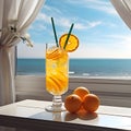 Captivating View of Orange Juice on a Table, Harmonizing with the Serene Sea and Oceanic Landscape.AI generated Royalty Free Stock Photo