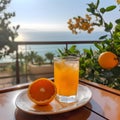 Seaside Delights Vision of Orange Juice Gracing a Table while the Endless Ocean.AI generated