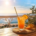 Coastal Bliss Scene of Orange Juice Adorned on a Table with the Mesmerizing Ocean .AI generated Royalty Free Stock Photo