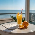 Beautiful scenery. with orange juice on the table Among the beautiful seascapes of the ocean waters, created.AI generated